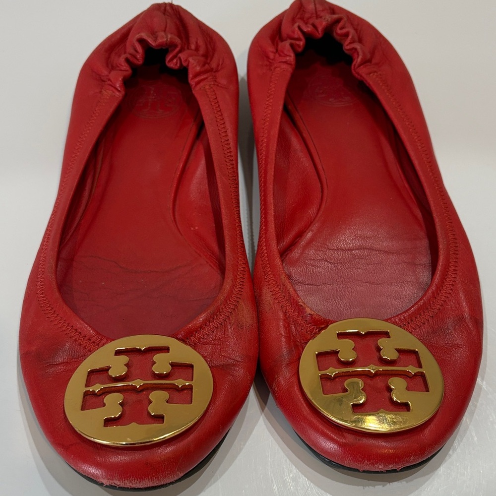 Tory Burch Red Leather Flats with Gold Emblem